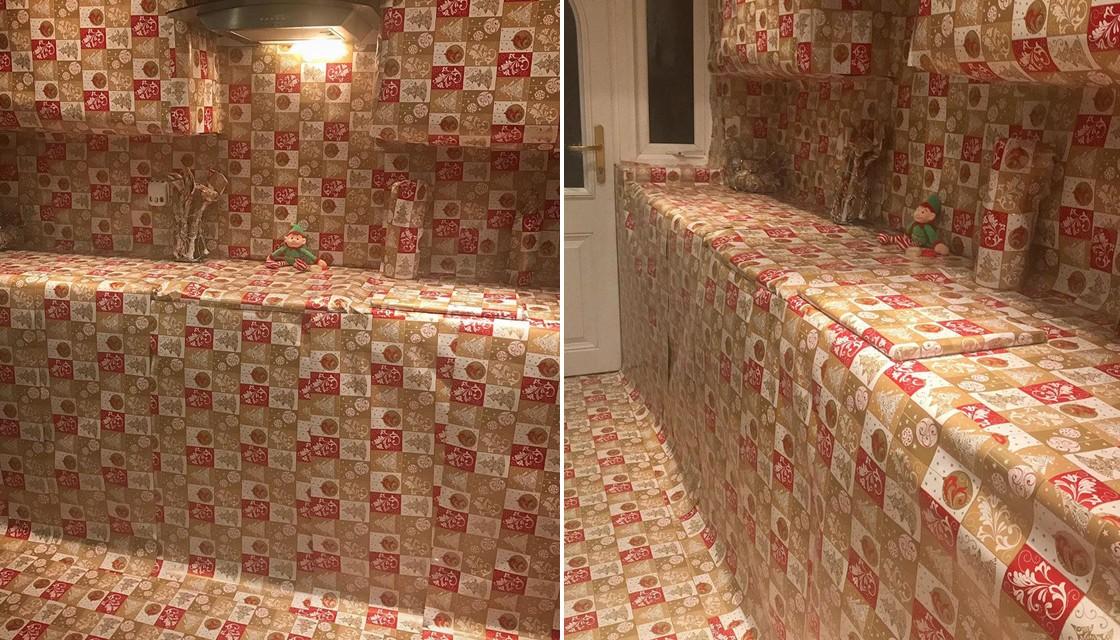 Uk Parents Wrap Entire Kitchen In Christmas Wrapping Paper As Elf On The Shelf Prank Newshub