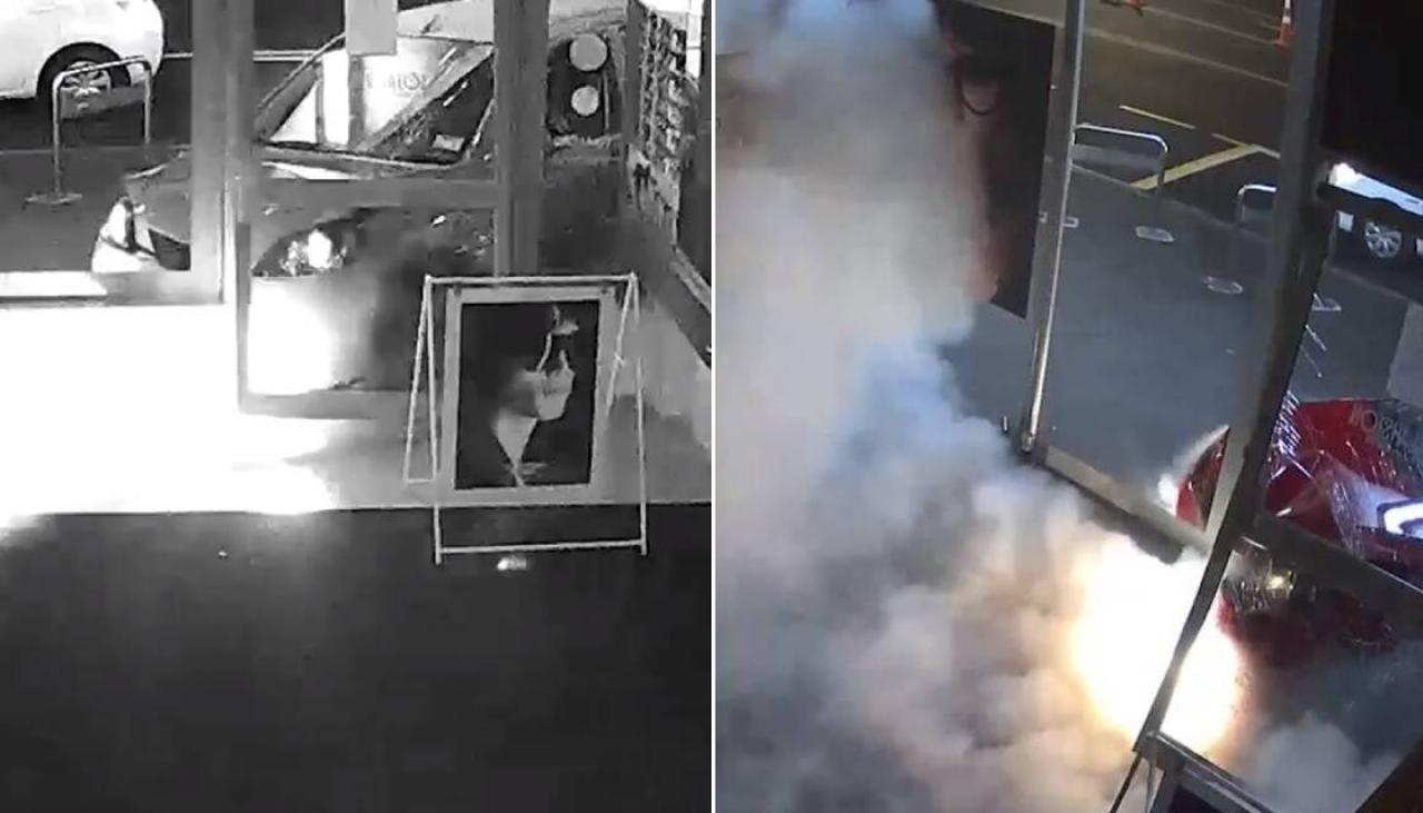 Incredible Cctv Footage Captures Moment Car Bursts Into Flames In Failed Ram Raid At Hamilton 