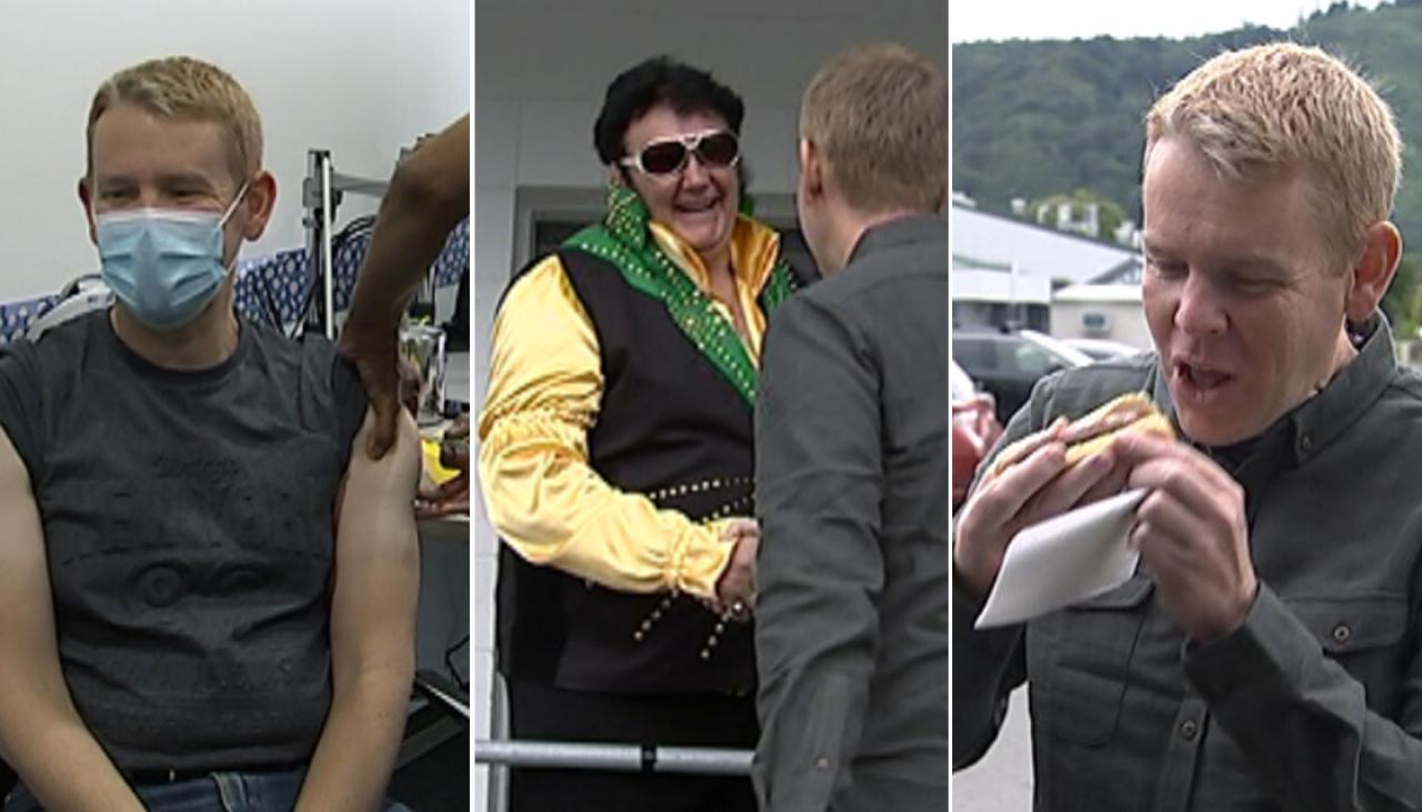 Prime Minister Chris Hipkins gets two new jabs, meets Elvis, grabs sausages and launches vaccination campaign