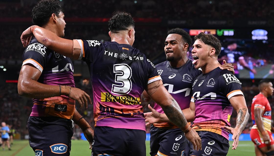 Brisbane, Australia. May 18, 2023. Selwyn Cobbo of the Broncos scores a try  during the NRL Round 12 match between the Brisbane Broncos and the Penrith  Panthers at Suncorp Stadium in Brisbane